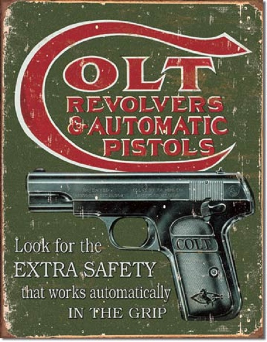 12 1/2" X 16" TIN SIGN COLT REVOLVERS & AUTOMATIC PISTOLS METAL SIGN