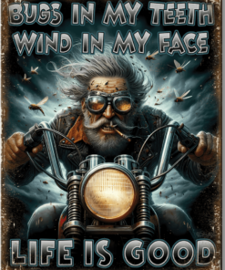 12 1/2" x 16" BIKER BUGS IN MY TEETH WIND IN MY FACE LIFE IS GOOD METAL SIGN NEW