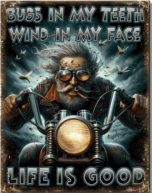 12 1/2" x 16" BIKER BUGS IN MY TEETH WIND IN MY FACE LIFE IS GOOD METAL SIGN NEW