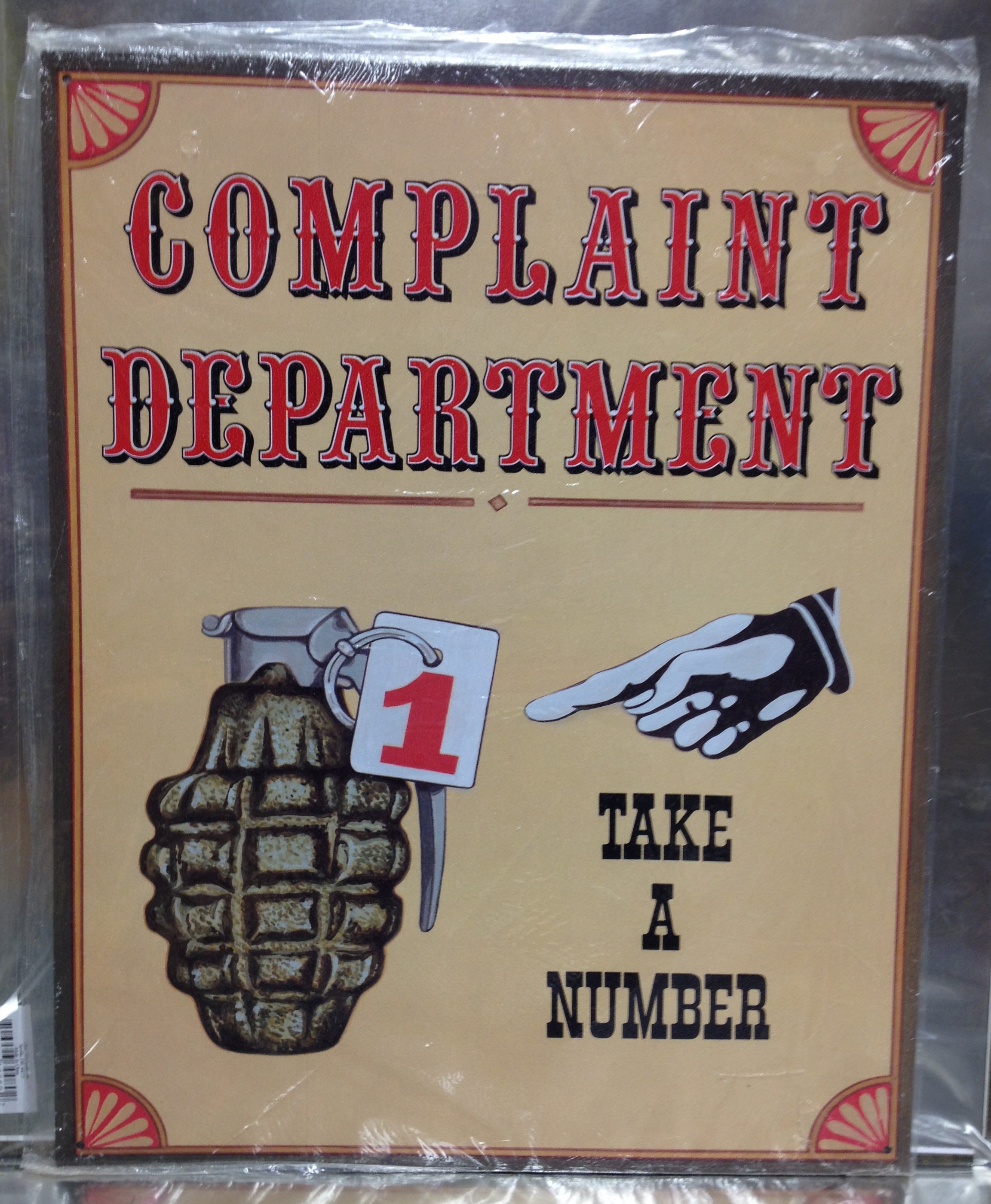 12" X 15" TIN SIGN COMPLAINT DEPARTMENT TAKE A NUMBER METAL SIGN NEW