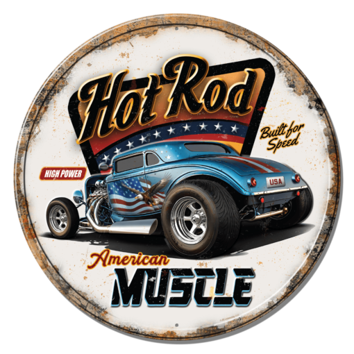 11.75" TIN SIGN ROUND FULLY EMBOSSED STEEL JQ AMERICAN MUSCLE HOT ROD SIGN NEW