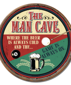 11.75" TIN SIGN ROUND FULLY EMBOSSED STEEL JQ MAN CAVE BEER IS ALWAYS COLD SIGN