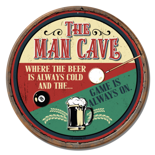 11.75" TIN SIGN ROUND FULLY EMBOSSED STEEL JQ MAN CAVE BEER IS ALWAYS COLD SIGN