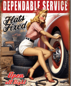 12 1/2" X 16" TIN SIGN DEPENDABLE SERVICE FLATS FIXED TIRE GIRL NEW