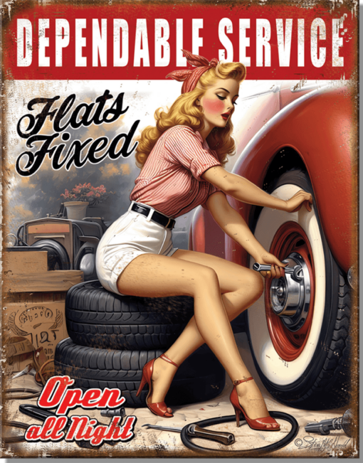12 1/2" X 16" TIN SIGN DEPENDABLE SERVICE FLATS FIXED TIRE GIRL NEW