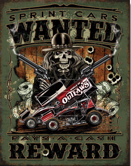 12 1/2" X 16" WORLD OF OUTLAWS SPRINT CARS WANTED PAY CASH REWARD METAL SIGN