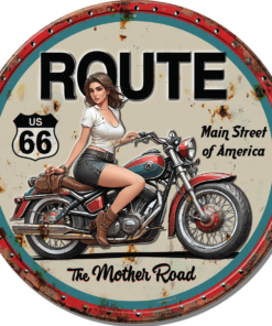 11.75" TIN SIGN EMBOSSED ROUND ROUTE 66 THE MOTHER ROAD GIRL ON MOTORCYCLE SIGN