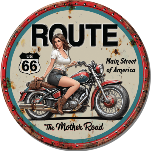 11.75" TIN SIGN EMBOSSED ROUND ROUTE 66 THE MOTHER ROAD GIRL ON MOTORCYCLE SIGN