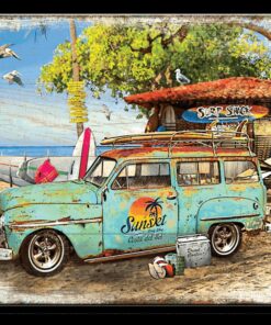10 3/4" X 8 1/4" TIN SIGN SUNSET WOODY AT THE BEACH METAL SIGN NEW